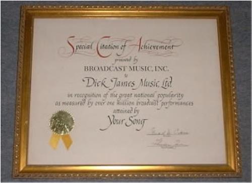 Elton John Your Song award disc US JOHAWYO174646