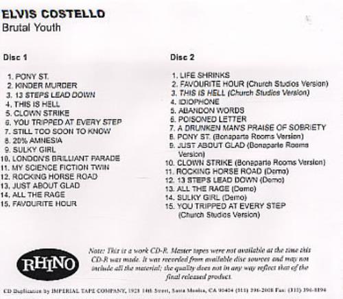 Elvis Costello Brutal Youth CD-R acetate US COSCRBR210628