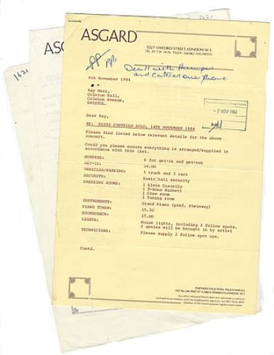 Elvis Costello Concert Invoice & Performance Statement memorabilia UK COSMMCO378739