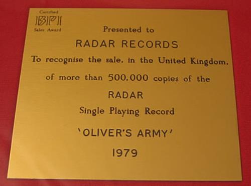 Elvis Costello Oliver's Army award disc UK COSAWOL382758