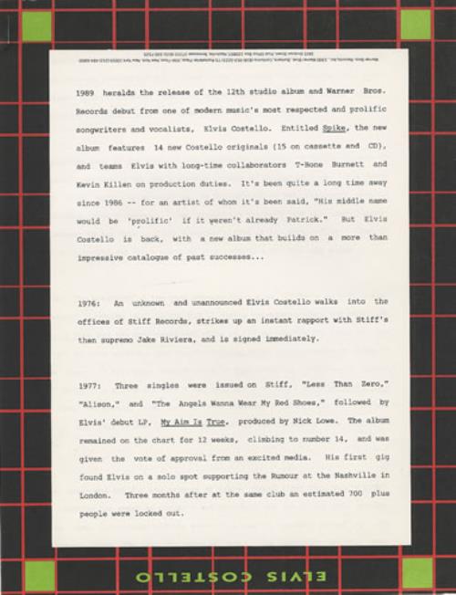 Elvis Costello Spike media press pack US COSPPSP194901