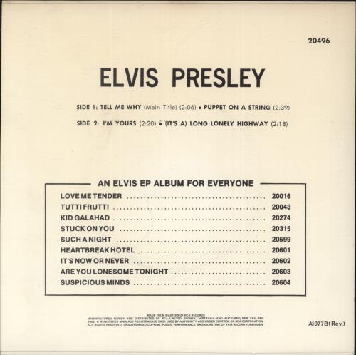 Elvis Presley Tell Me Why 7" vinyl single (7 inch record / 45) Australian ELV07TE887474