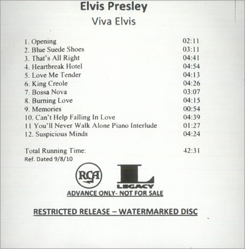 Elvis Presley Viva Elvis CD-R acetate US ELVCRVI524953