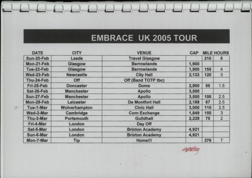 Embrace UK 2005 Tour Itinerary Itinerary UK EMBITUK643983