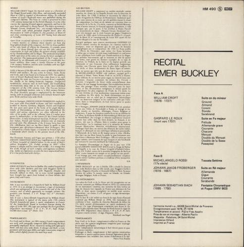 Emer Buckley Recital / Clavecin vinyl LP album (LP record) French 8YOLPRE859806