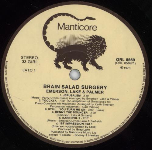 Emerson Lake & Palmer Brain Salad Surgery vinyl LP album (LP record) Italian ELPLPBR880720