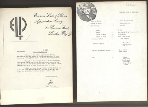 Emerson Lake & Palmer Fan Club Folder memorabilia UK ELPMMFA711674