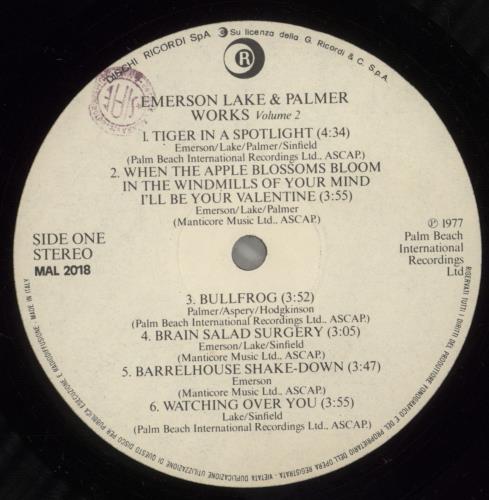 Emerson Lake & Palmer Works Volume 2 vinyl LP album (LP record) Italian ELPLPWO882739