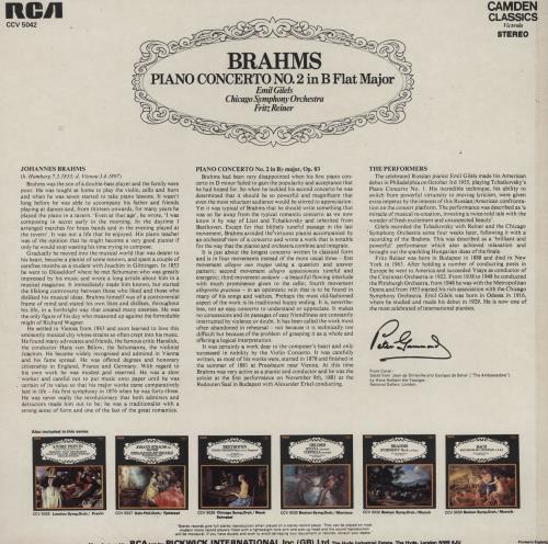Emil Gilels Brahms: Piano Concerto No. 2 in B Flat Major vinyl LP album (LP record) UK HYJLPBR760300
