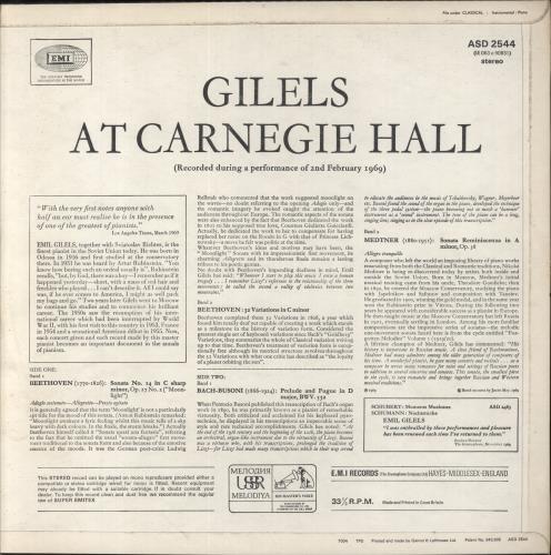 Emil Gilels Gilels At Carnegie Hall vinyl LP album (LP record) UK HYJLPGI857110