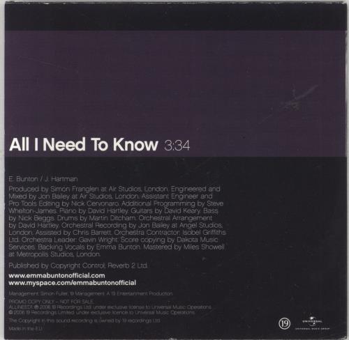 Emma Bunton All I Need To Know CD single (CD5 / 5") UK EBUC5AL408019