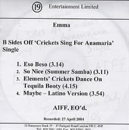 Emma Bunton B Sides Off Crickets Sing For Anamaria Single CD-R acetate UK EBUCRBS317821