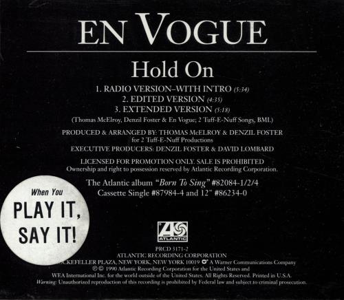 En Vogue Hold On CD single (CD5 / 5") US ENVC5HO10336