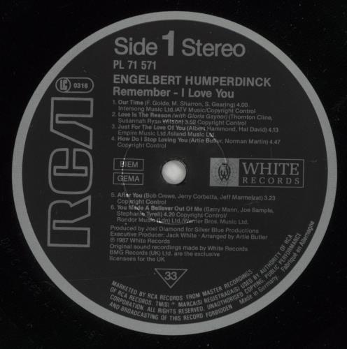 Engelbert Humperdinck (Singer) Remember - I Love You vinyl LP album (LP record) German HDKLPRE874026