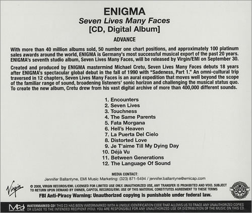 Enigma Seven Lives Many Faces CD-R acetate US ENICRSE449424
