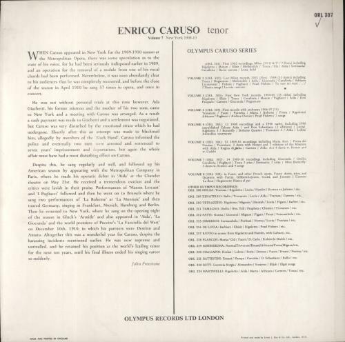 Enrico Caruso Enrico Caruso Tenor Volume 7 New York 1909-10 vinyl LP album (LP record) UK EC7LPEN744557
