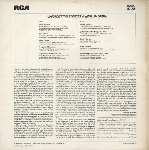 Enrico Caruso Unforgettable Voices Sing Italian Opera vinyl LP album (LP record) UK EC7LPUN879934