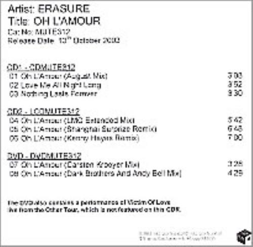 Erasure Oh L'Amour CD-R acetate UK ERACROH264144