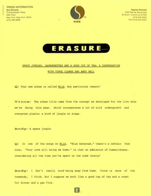 Erasure Wild media press pack US ERAPPWI93893