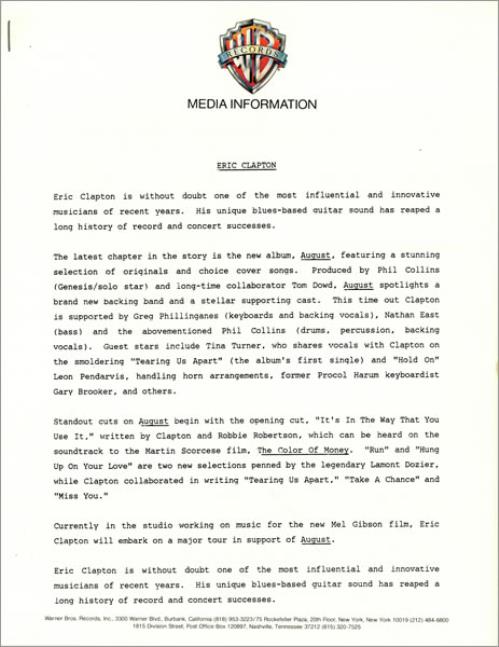 Eric Clapton August media press pack US CLPPPAU66441