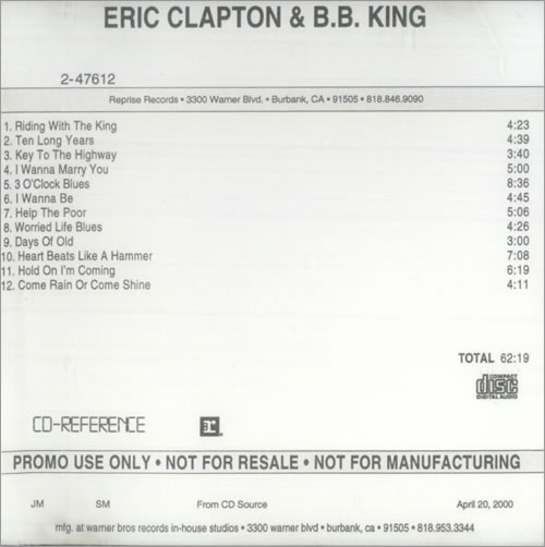 Eric Clapton Riding With The King CD-R acetate US CLPCRRI162969