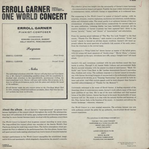 Erroll Garner One World Concert vinyl LP album (LP record) US EA7LPON755946