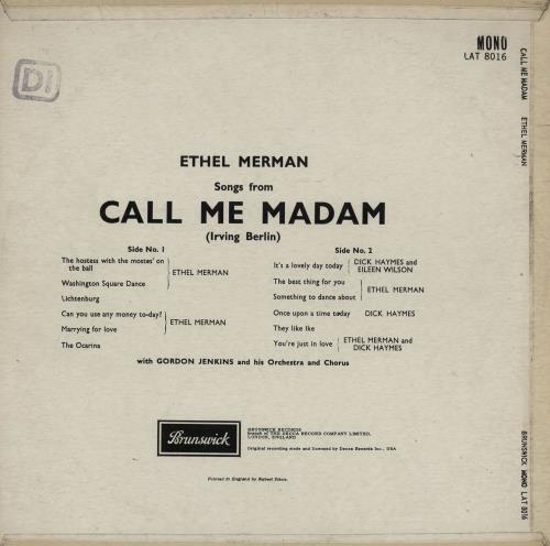 Ethel Merman Call Me Madam vinyl LP album (LP record) UK EMELPCA761230