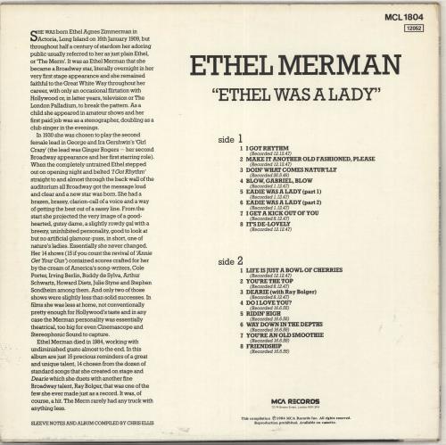 Ethel Merman Ethel Was A Lady vinyl LP album (LP record) UK EMELPET711567