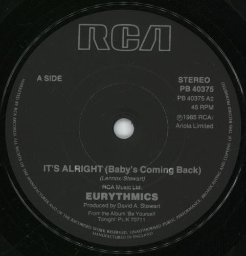 Eurythmics It's Alright (Baby's Coming Back) 7" vinyl single (7 inch record / 45) UK EUR07IT111372