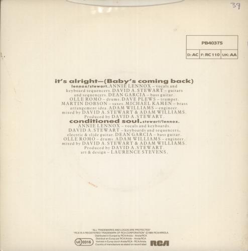 Eurythmics It's Alright (Baby's Coming Back) 7" vinyl single (7 inch record / 45) UK EUR07IT111372