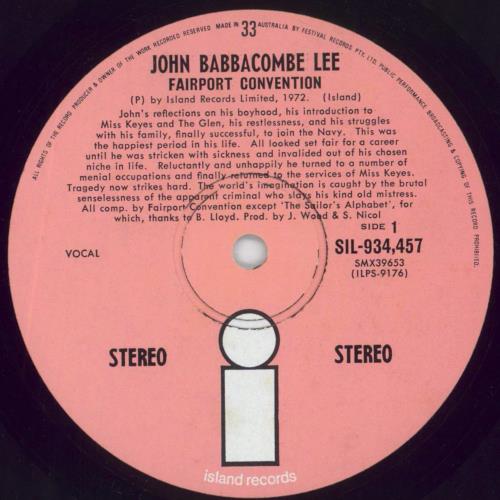 Fairport Convention Babbacombe Lee vinyl LP album (LP record) Australian F-CLPBA851204
