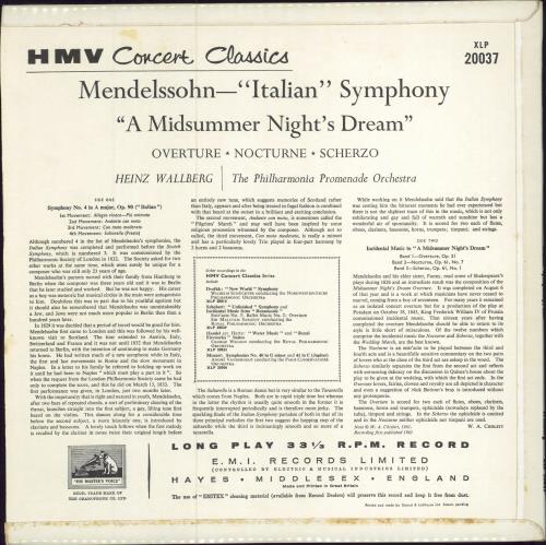 Felix Mendelssohn "Italian" Symphony / "A Mid Summer Night's Dream" vinyl LP album (LP record) UK M2BLPIT782552