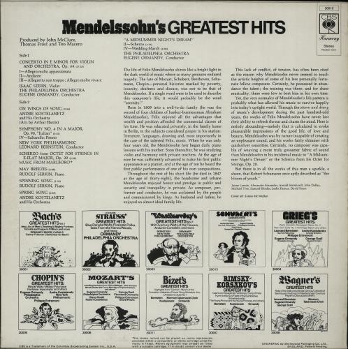 Felix Mendelssohn Mendelssohn's Greatest Hits vinyl LP album (LP record) UK M2BLPME644658