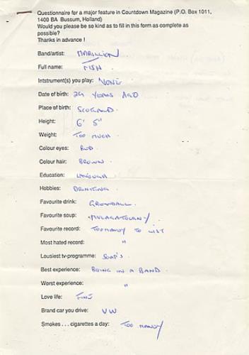Fish Handwritten Questionnaire memorabilia Dutch FISMMHA412711