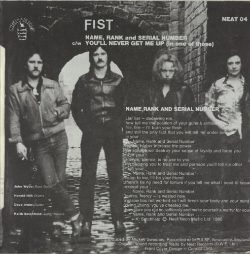 Fist Name Rank And Serial Number 7" vinyl single (7 inch record / 45) UK FST07NA558980