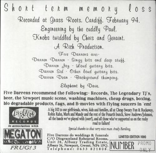 Five Darrens Short Term Memory Loss 7" vinyl single (7 inch record / 45) UK H2807SH806338