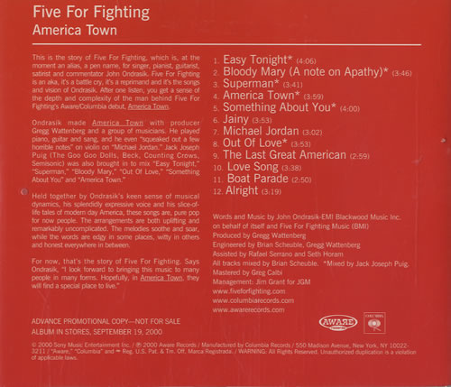Five For Fighting America Town CD album (CDLP) US FFFCDAM462040