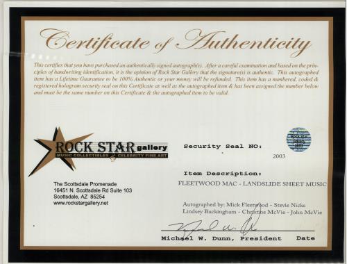 Fleetwood Mac Landslide - Fully Autographed sheet music US MACSMLA648064