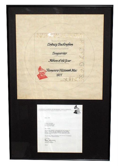 Fleetwood Mac Rumours - NARAS Certificate award disc US MACAWRU302850