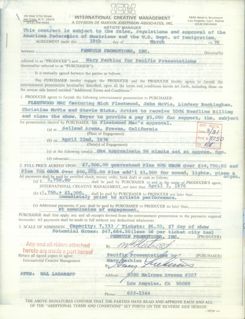 Fleetwood Mac Seven Signed Contracts memorabilia US MACMMSE543896