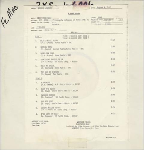 Fleetwood Mac Vintage Years - Test Pressings 2-LP vinyl record set (Double LP Album) US MAC2LVI83374
