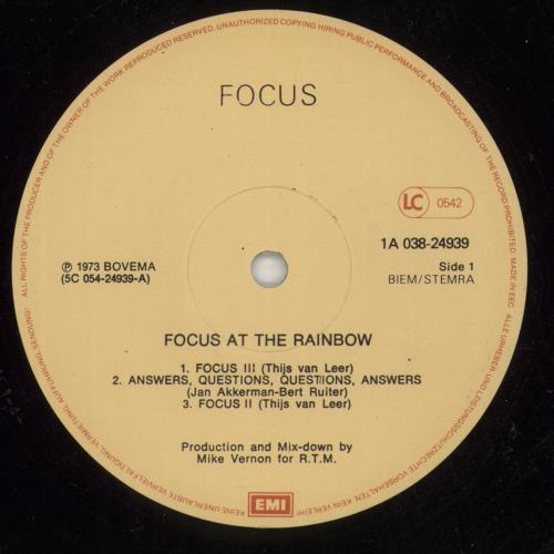 Focus At The Rainbow vinyl LP album (LP record) Dutch FOCLPAT626675