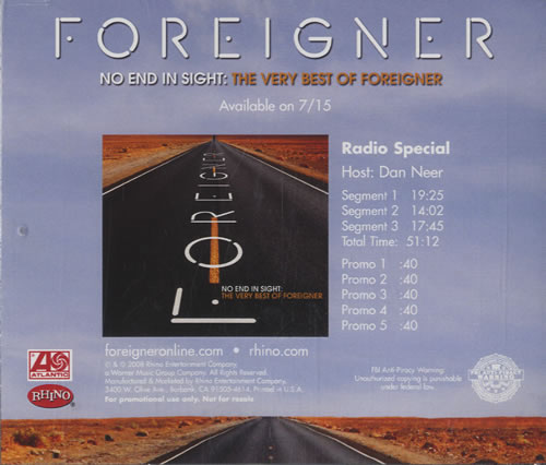 Foreigner No End In Sight: The Very Best Of CD-R acetate US FORCRNO464414