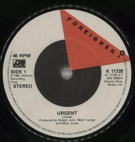 Foreigner Urgent 7" vinyl single (7 inch record / 45) UK FOR07UR611144