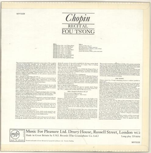 Fou Ts'ong Chopin Recital vinyl LP album (LP record) UK QW6LPCH702059