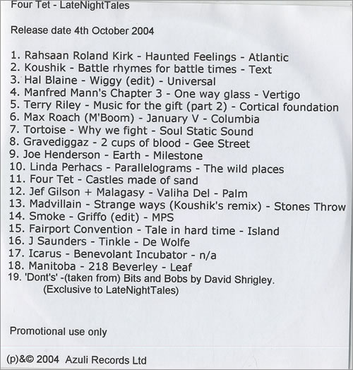 Four Tet Late Night Tales CD-R acetate UK 4TTCRLA477629