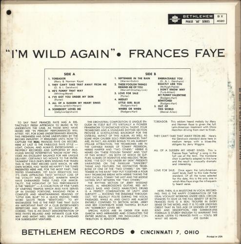 Frances Faye I'm Wild Again vinyl LP album (LP record) US FF9LPIM747433