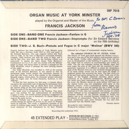 Francis Jackson Organ Music At York Minster - Autographed 7" vinyl single (7 inch record / 45) UK 5TJ07OR810690