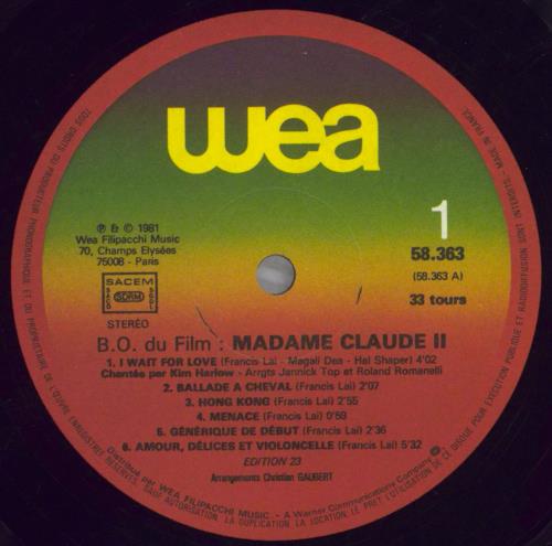 Francis Lai Madame Claude 2 vinyl LP album (LP record) French LAILPMA825449