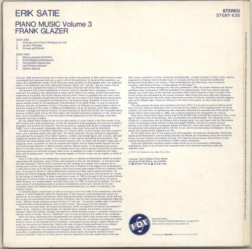 Frank Glazer Erik Satie: Piano Music Volume 3 vinyl LP album (LP record) UK H3KLPER700404